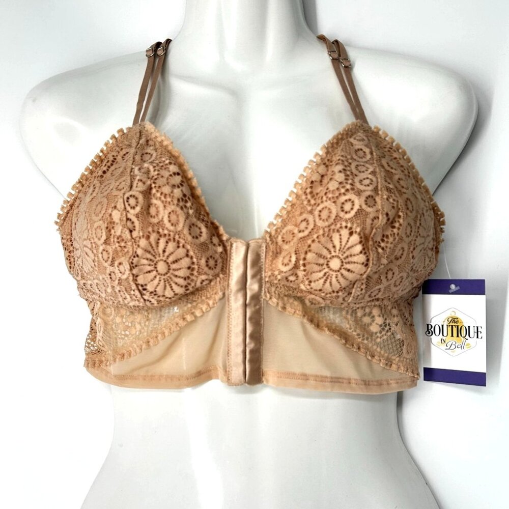 Arie L Nude Floral Lace Camisole Bralette Bra Front Closure Racerback Wireless